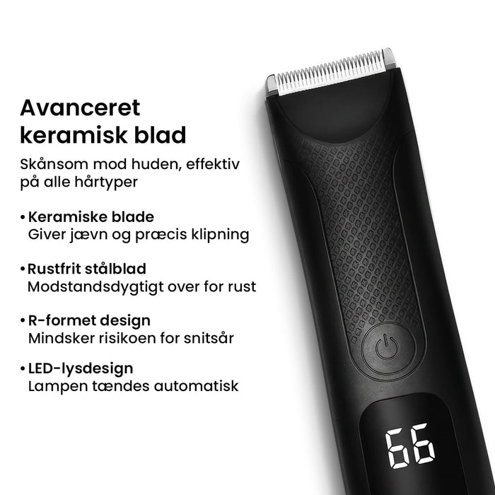 En kropshårstrimmer med keramiske knive og et digitalt display samt en liste over funktioner.
