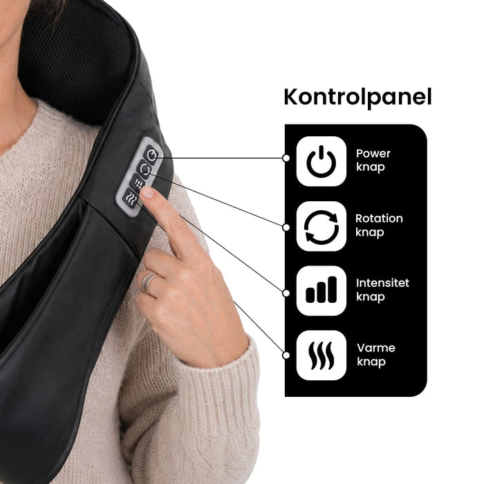 En finger peger på betjeningspanelet til en Shiatsu-nakke- og rygmassager med funktioner til strøm, rotation og varme.