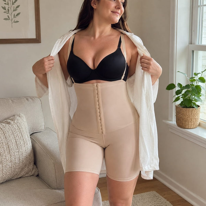 En kvinde iført shaping-shorts med seler og sort BH samt en åben hvid skjorte i stuen.