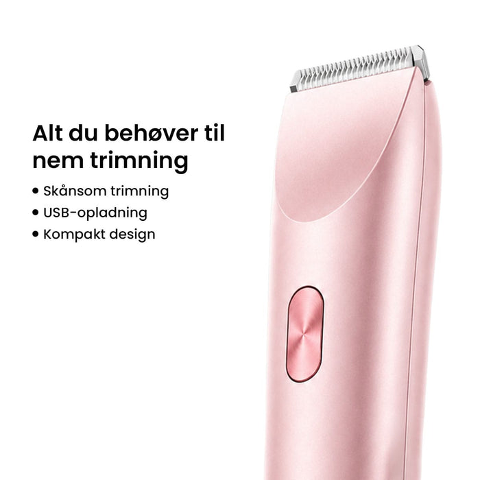 Pink Kropstrimmer Ultra med metalblad og tænd-knap, vist ved siden af teksten om anvendelse til ansigt og krop.