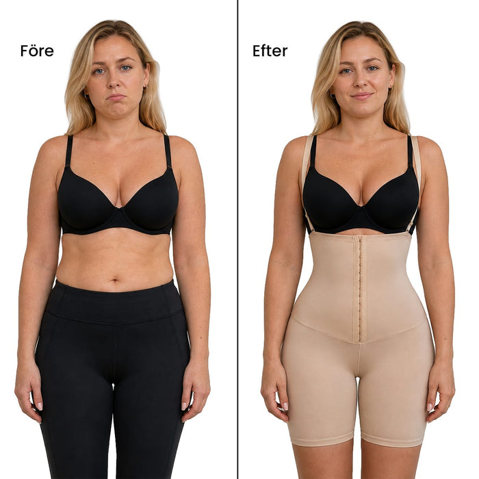 Kvinde før og efter brug af formende shorts med stropper; til højre ser hun mere rank og tilfreds ud.