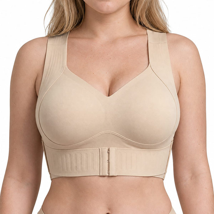 Modellen med Trueform Shaping-BH fra Kroppsbutiken i beige tilbyder støtte og komfort uden bøjle.