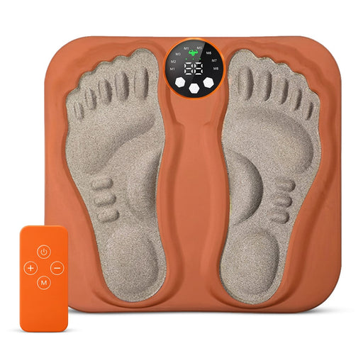 Elektrisk TENS-fodmassagemåtte med digitalt display og trådløs fjernbetjening til lindring af ømme fødder.