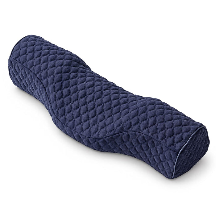 Blå ergonomisk nakkepude med bølget form, hvid kant og quiltet mønster. Velegnet til at støtte nakken.