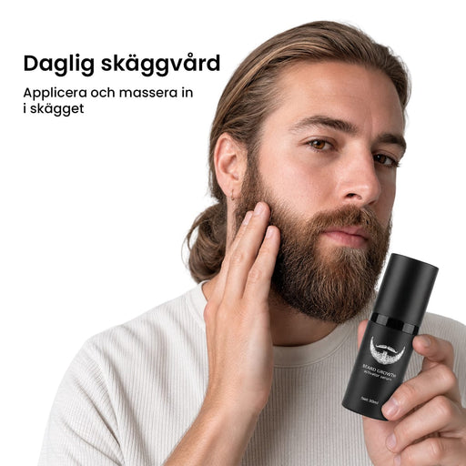 Mand bruger Kropsbutikkens skægvækstserum på 30 ml i en sort flaske med svensk tekst til daglig skægpleje.