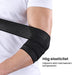 En person har en elastisk albuebandage på, hvor der står, at den giver støtte og komfort til albuen.