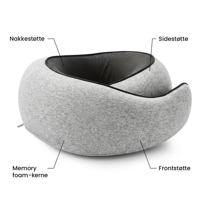 Grå ergonomisk nakkepude med markeringer af støttezoner og en kerne af memoryskum.