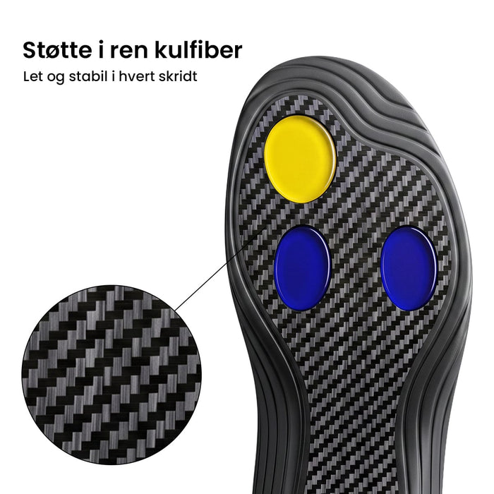 Skoindlæg i kulfiber med gelindlæg og struktureret overflade, der giver støtte til svangen og ved platfod.