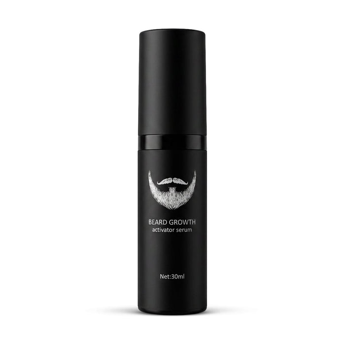 En mat, sort flaske med 30 ml skægvækstserum fra Kropsbutikken, med en etiket med et motiv af et hvidt overskæg og skæg.