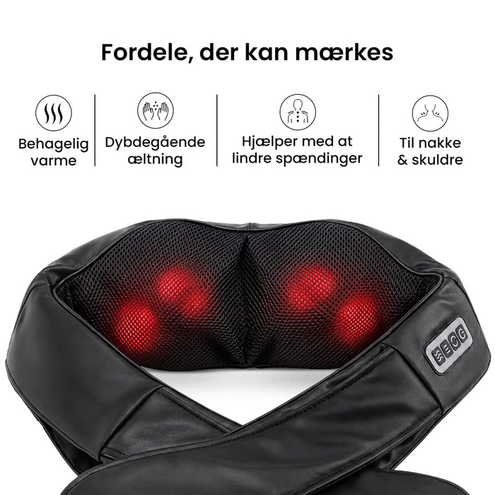 Shiatsu-massageapparat til nakke og ryg med fire oplyste, roterende knuder og betjeningspanel.