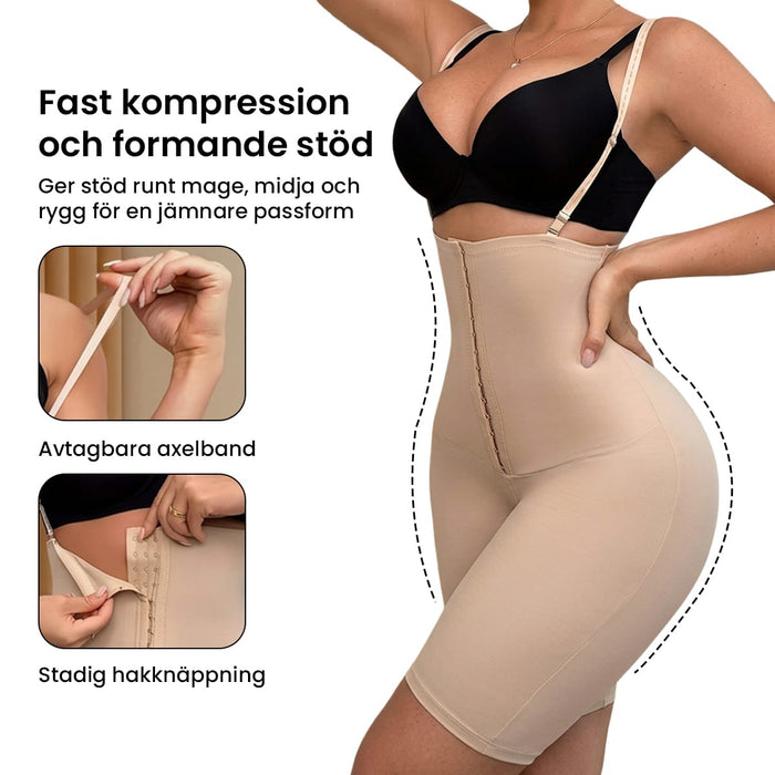 En kvinde prøver shaping-shorts med seler i en butik. En svensk tekst på billedet forklarer produktets funktioner.