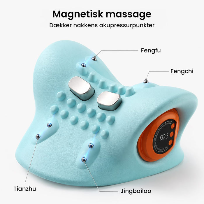 Lyseblå elektrisk nakkemassager fra Kropsbutikken med metalnoder og et rundt display med markering af trykpunkter.