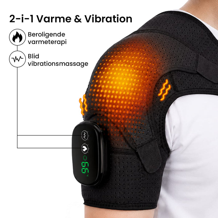 En person har Kropsbutikkens skulderstøtte med varme og massage på, hvor temperaturen vises på enheden.