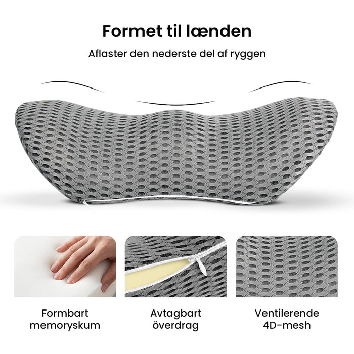 Grå lændepude med hukommelsesskum, mesh-betræk og lynlås.