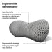 Grå lændepude i hukommelsesskum med tekstureret mesh-betræk og markeringer af ergonomiske egenskaber.